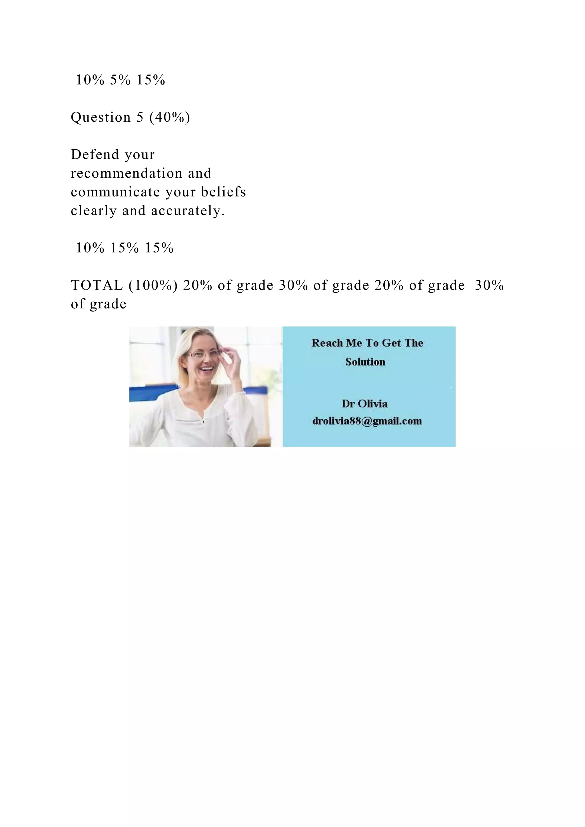 10% 5% 15%
Question 5 (40%)
Defend your
recommendation and
communicate your beliefs
clearly and accurately.
10% 15% 15%
TOTAL (100%) 20% of grade 30% of grade 20% of grade 30%
of grade
 