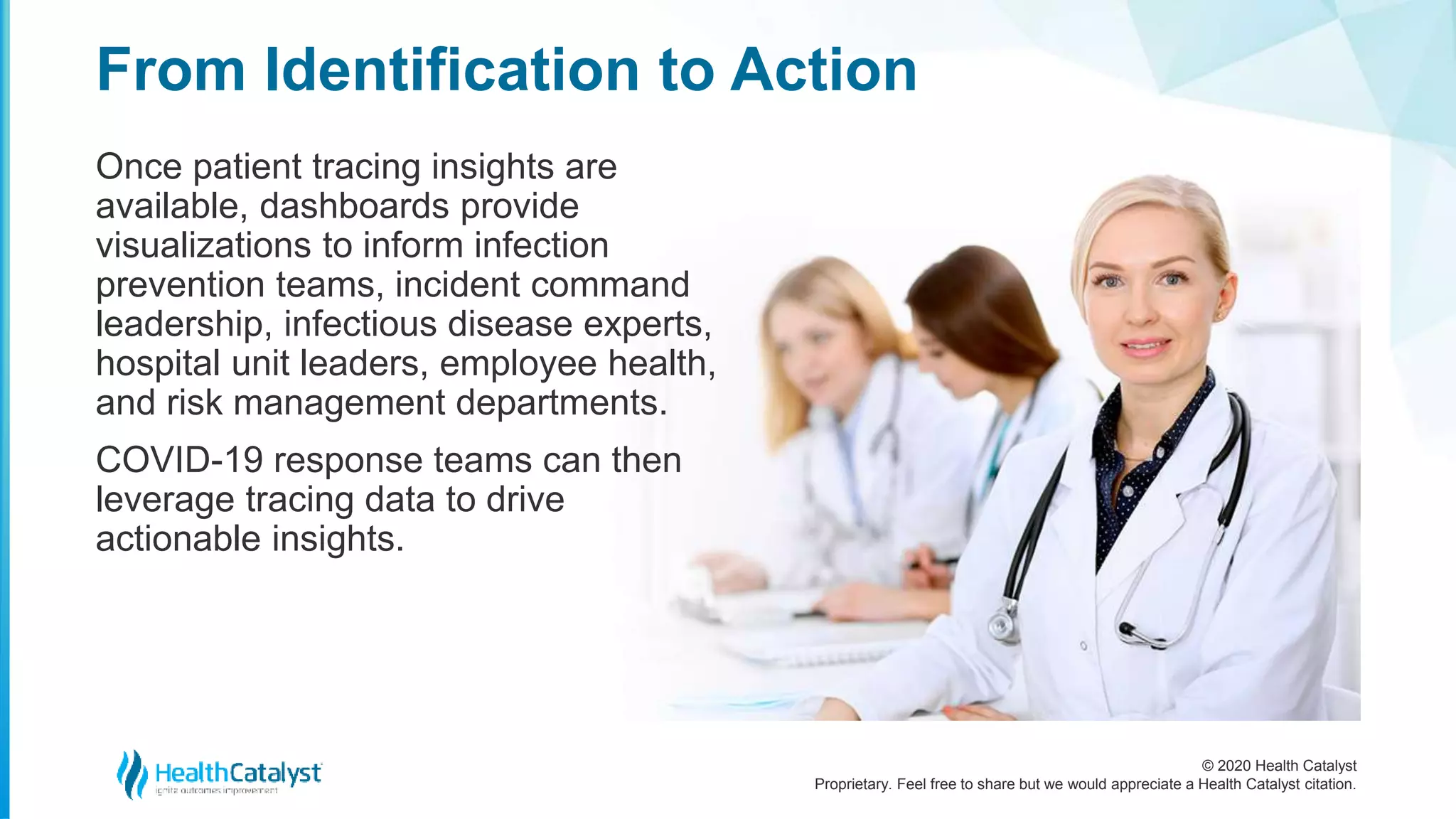 © 2020 Health Catalyst
Proprietary. Feel free to share but we would appreciate a Health Catalyst citation.
From Identification to Action
Once patient tracing insights are
available, dashboards provide
visualizations to inform infection
prevention teams, incident command
leadership, infectious disease experts,
hospital unit leaders, employee health,
and risk management departments.
COVID-19 response teams can then
leverage tracing data to drive
actionable insights.
 