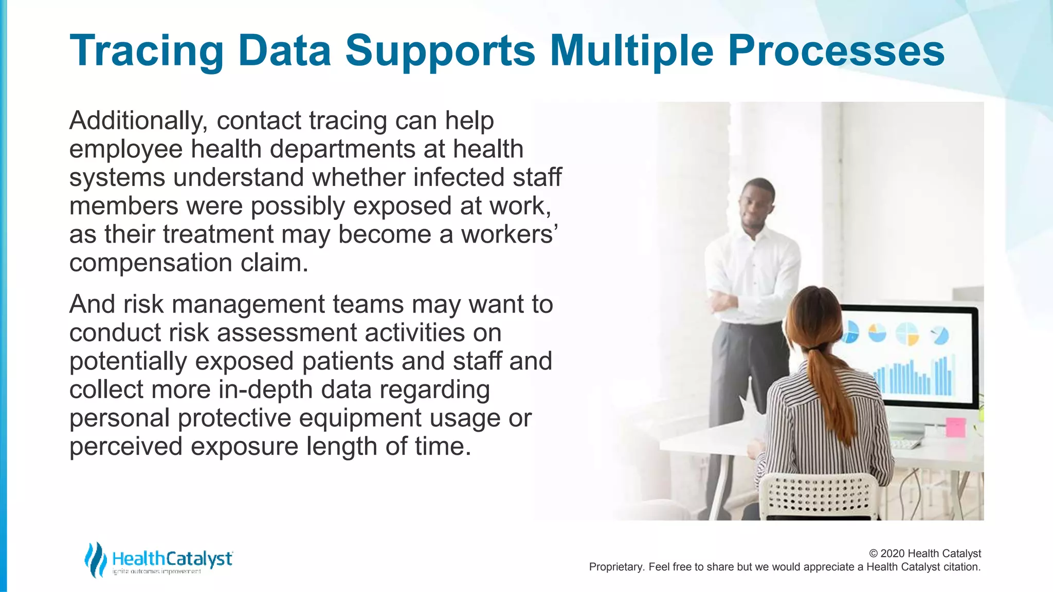 © 2020 Health Catalyst
Proprietary. Feel free to share but we would appreciate a Health Catalyst citation.
Tracing Data Supports Multiple Processes
Additionally, contact tracing can help
employee health departments at health
systems understand whether infected staff
members were possibly exposed at work,
as their treatment may become a workers’
compensation claim.
And risk management teams may want to
conduct risk assessment activities on
potentially exposed patients and staff and
collect more in-depth data regarding
personal protective equipment usage or
perceived exposure length of time.
 