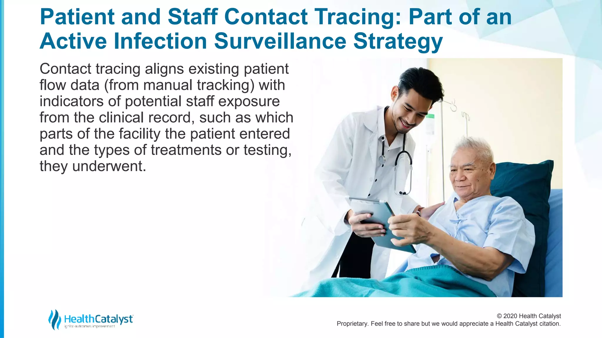 © 2020 Health Catalyst
Proprietary. Feel free to share but we would appreciate a Health Catalyst citation.
Patient and Staff Contact Tracing: Part of an
Active Infection Surveillance Strategy
Contact tracing aligns existing patient
flow data (from manual tracking) with
indicators of potential staff exposure
from the clinical record, such as which
parts of the facility the patient entered
and the types of treatments or testing,
they underwent.
 