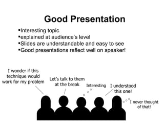 Good Presentation Interesting I understood this one! I wonder if this technique would work for my problem Let’s talk to them at the break I never thought of that! Interesting topic  explained at audience’s level Slides are understandable and easy to see Good presentations reflect well on speaker! 