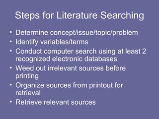 Steps for Literature Searching ,[object Object],[object Object],[object Object],[object Object],[object Object],[object Object]