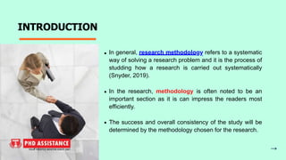 INTRODUCTION
In general, research methodology refers to a systematic
way of solving a research problem and it is the process of
studding how a research is carried out systematically
(Snyder, 2019).
In the research, methodology is often noted to be an
important section as it is can impress the readers most
efficiently.
The success and overall consistency of the study will be
determined by the methodology chosen for the research.
 