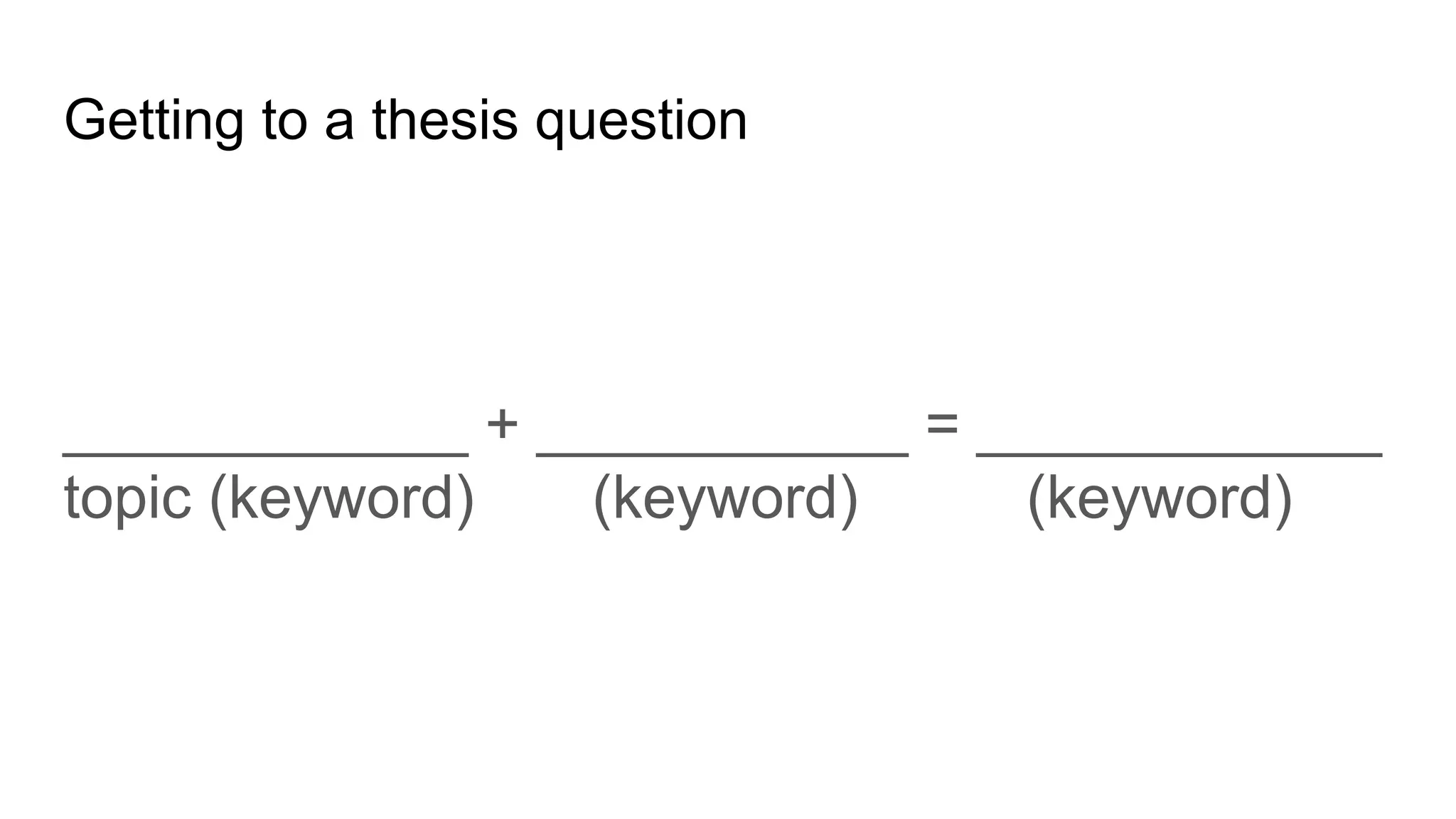 Getting to a thesis question
____________ + ___________ = ____________
topic (keyword) (keyword) (keyword)
 