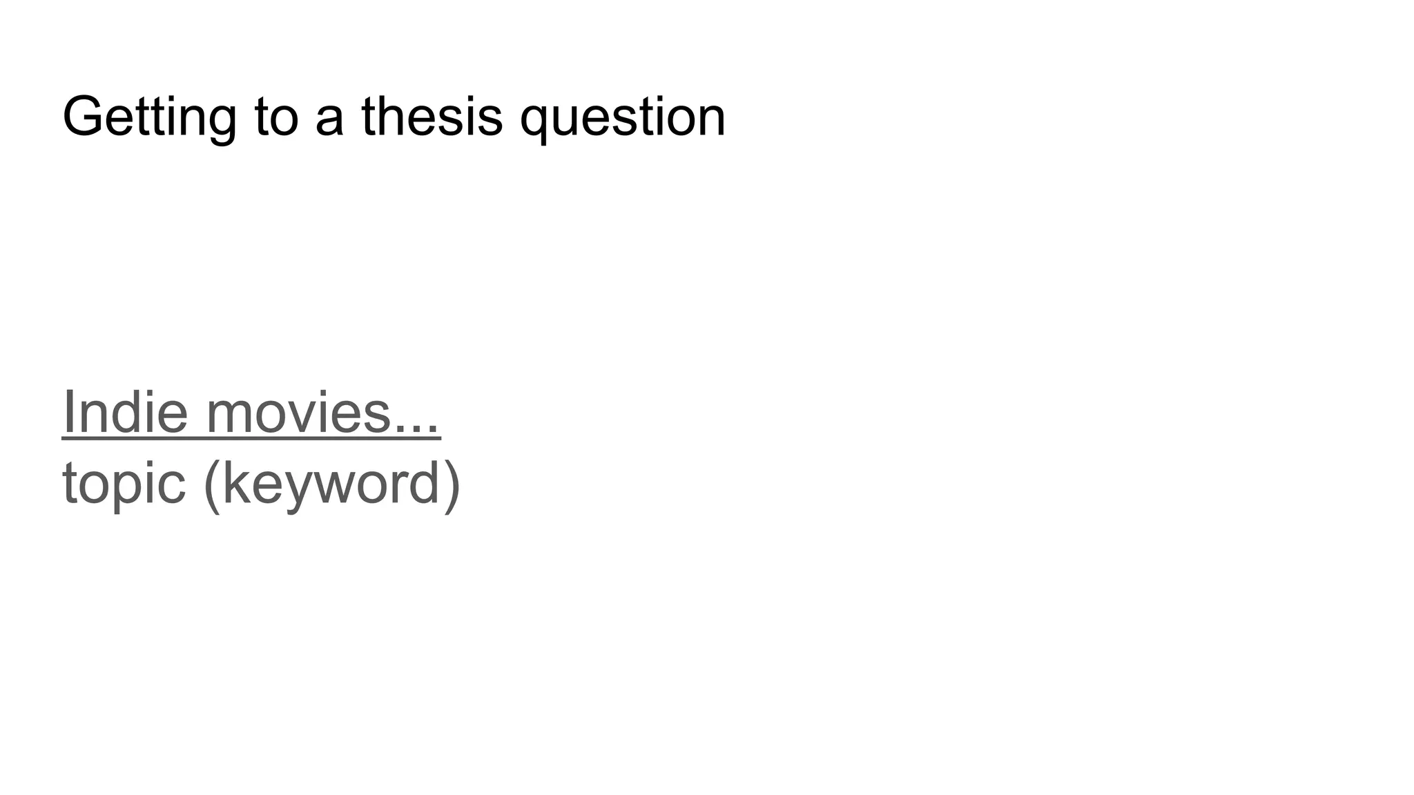 Getting to a thesis question
Indie movies...
topic (keyword)
 