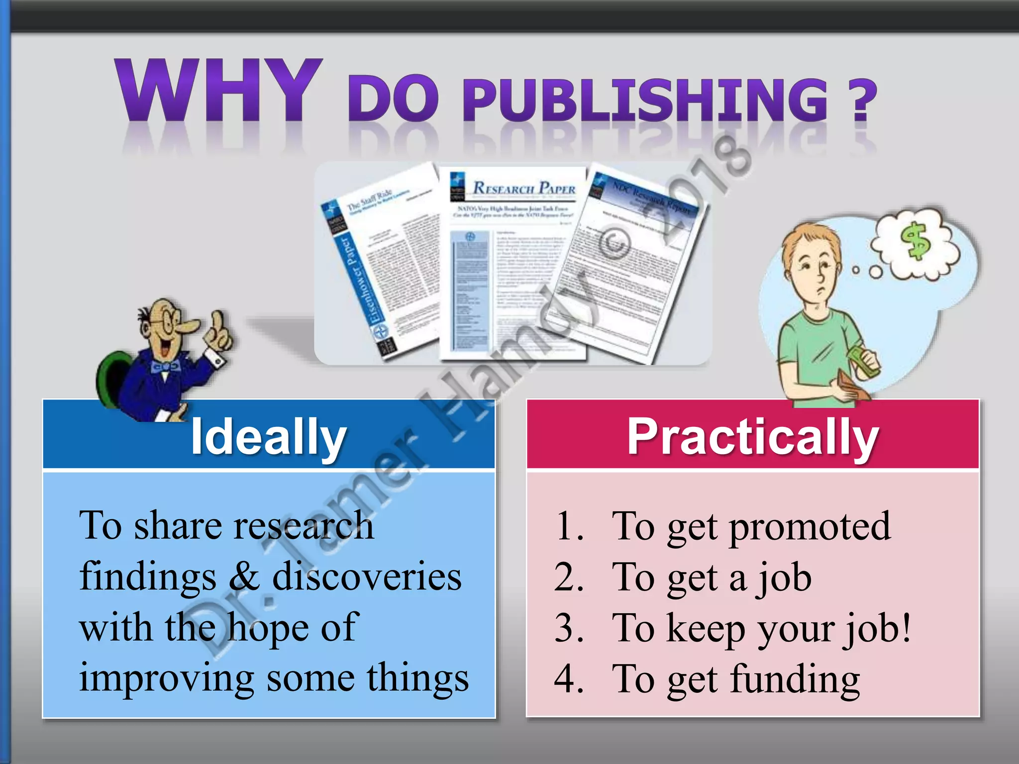 PracticallyIdeally
1. To get promoted
2. To get a job
3. To keep your job!
4. To get funding
To share research
findings & discoveries
with the hope of
improving some things
 