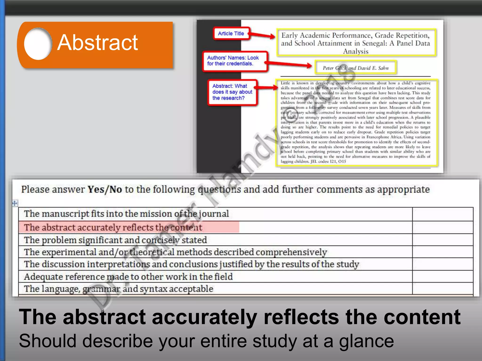 The abstract accurately reflects the content
Should describe your entire study at a glance
Abstract
 