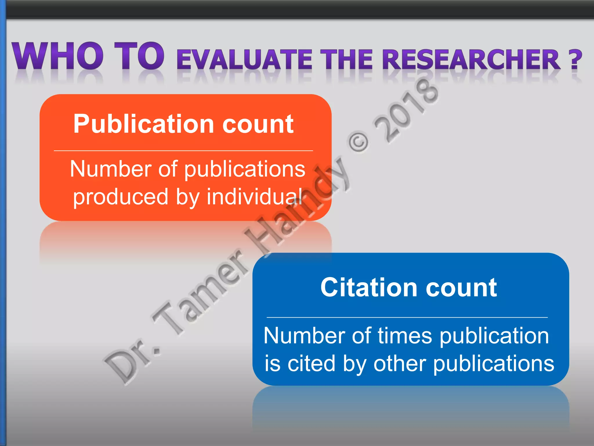 Number of times publication
is cited by other publications
Citation count
Number of publications
produced by individual
Publication count
 