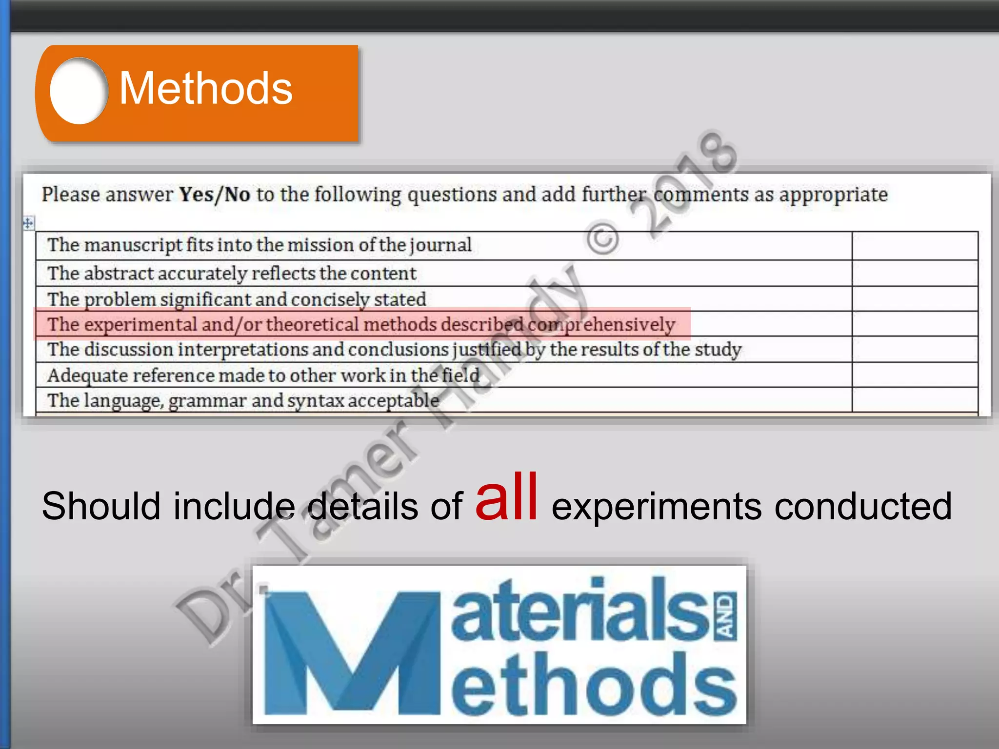 Should include details of all experiments conducted
Methods
 