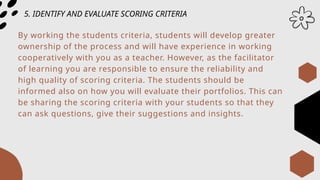 5. IDENTIFY AND EVALUATE SCORING CRITERIA
By working the students criteria, students will develop greater
ownership of the process and will have experience in working
cooperatively with you as a teacher. However, as the facilitator
of learning you are responsible to ensure the reliability and
high quality of scoring criteria. The students should be
informed also on how you will evaluate their portfolios. This can
be sharing the scoring criteria with your students so that they
can ask questions, give their suggestions and insights.
 