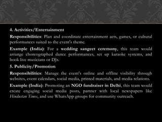 4. Activities/Entertainment
Responsibilities: Plan and coordinate entertainment acts, games, or cultural
performances suited to the event's theme.
Example (India): For a wedding sangeet ceremony, this team would
arrange choreographed dance performances, set up karaoke systems, and
book live musicians or DJs.
5. Publicity/Promotion
Responsibilities: Manage the event's online and offline visibility through
websites, event calendars, social media, printed materials, and media relations.
Example (India): Promoting an NGO fundraiser in Delhi, this team would
create engaging social media posts, partner with local newspapers like
Hindustan Times, and use WhatsApp groups for community outreach.
 
