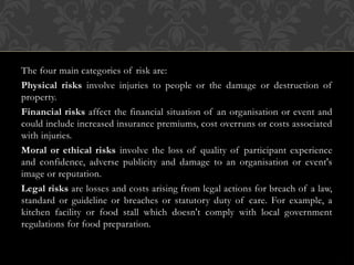 The four main categories of risk are:
Physical risks involve injuries to people or the damage or destruction of
property.
Financial risks affect the financial situation of an organisation or event and
could include increased insurance premiums, cost overruns or costs associated
with injuries.
Moral or ethical risks involve the loss of quality of participant experience
and confidence, adverse publicity and damage to an organisation or event's
image or reputation.
Legal risks are losses and costs arising from legal actions for breach of a law,
standard or guideline or breaches or statutory duty of care. For example, a
kitchen facility or food stall which doesn't comply with local government
regulations for food preparation.
 