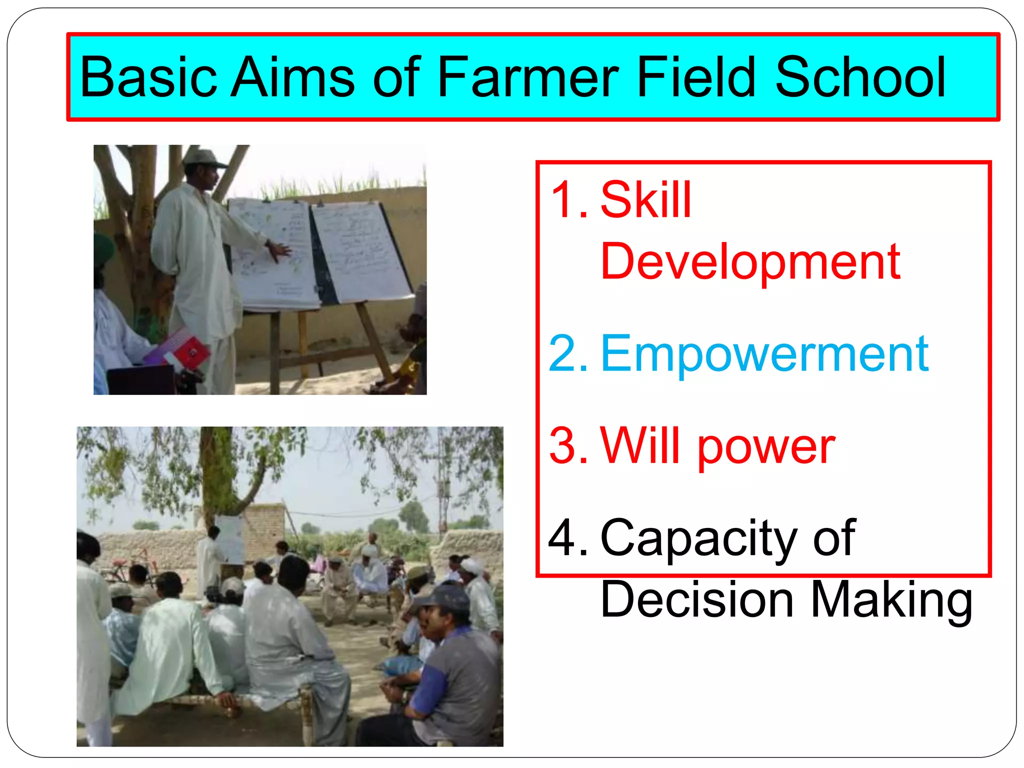 Basic Aims of Farmer Field School
1. Skill
Development
2. Empowerment
3. Will power
4. Capacity of
Decision Making
 