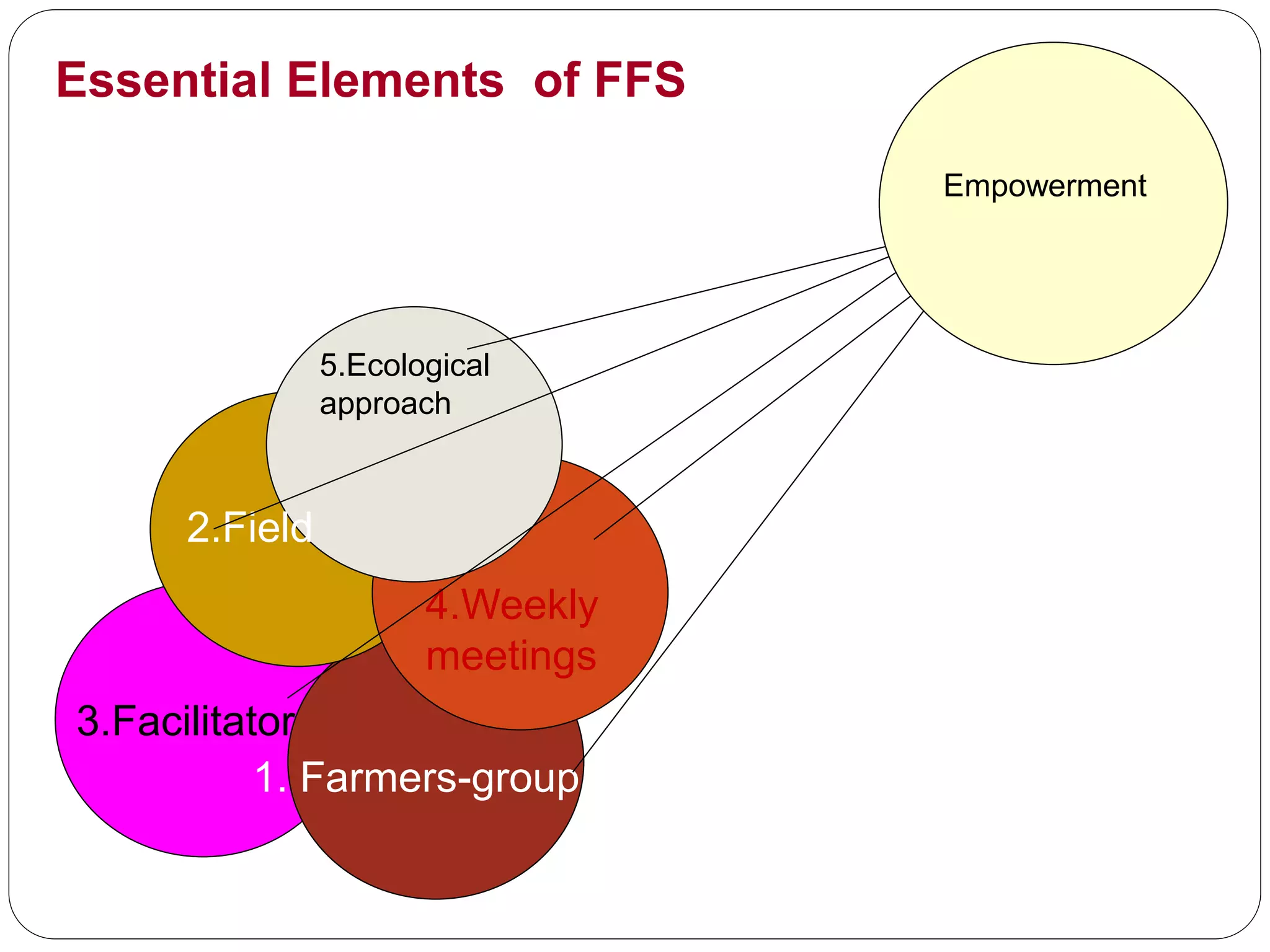 Essential Elements of FFS
4.Weekly
meetings
2.Field
3.Facilitator
1. Farmers-group
Empowerment
5.Ecological
approach
 
