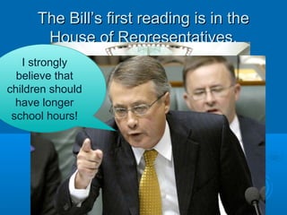 The BillThe Bill’’s first reading is in thes first reading is in the
House of Representatives.House of Representatives.
I strongly
believe that
children should
have longer
school hours!
I strongly
believe that
children should
have longer
school hours!
 