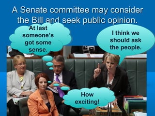 A Senate committee may considerA Senate committee may consider
the Bill and seek public opinion.the Bill and seek public opinion.
I think we
should ask
the people.
I think we
should ask
the people.
How
exciting!
How
exciting!
At last
someone’s
got some
sense.
At last
someone’s
got some
sense.
 