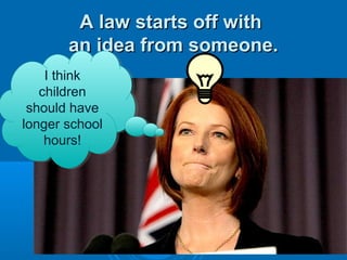 A law starts off withA law starts off with
an idea from someone.an idea from someone.
I think
children
should have
longer school
hours!
I think
children
should have
longer school
hours!
 
