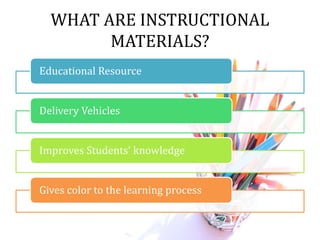 WHAT ARE INSTRUCTIONAL
MATERIALS?
Educational Resource
Delivery Vehicles
Improves Students’ knowledge
Gives color to the learning process
 
