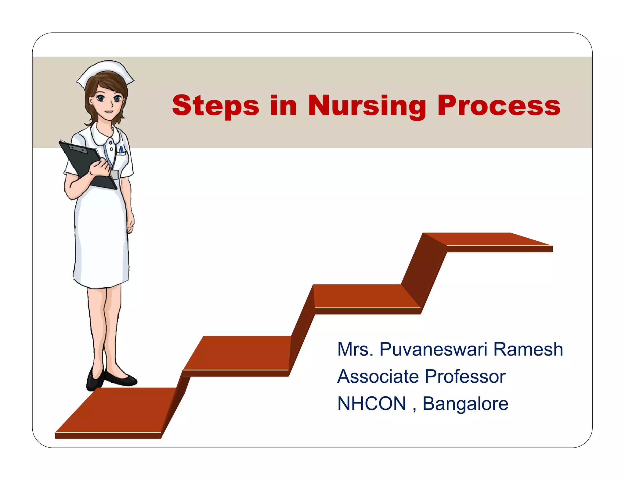 Mrs. Puvaneswari Ramesh
Associate Professor
NHCON , Bangalore
Steps in Nursing Process
 