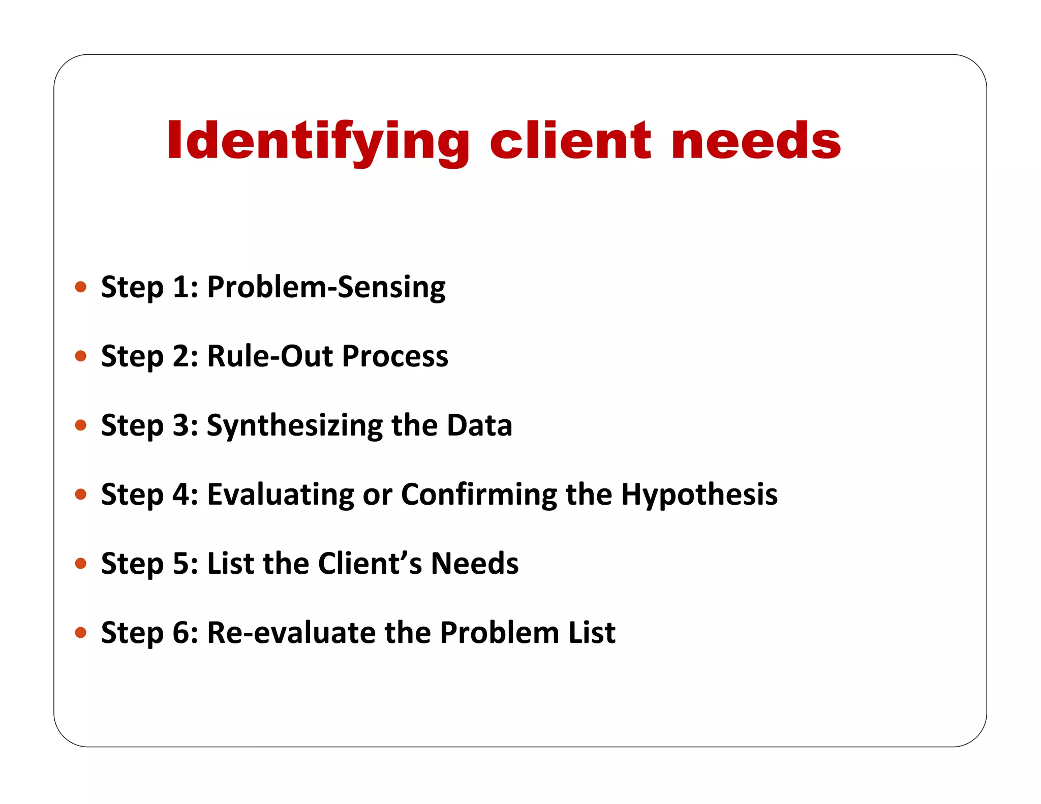 Identifying client needs
Step 1: Problem‐Sensing
Step 2: Rule‐Out Process
Step 3: Synthesizing the Data
Step 4: Evaluating or Confirming the Hypothesis
Step 5: List the Client’s Needs
Step 6: Re‐evaluate the Problem List
 