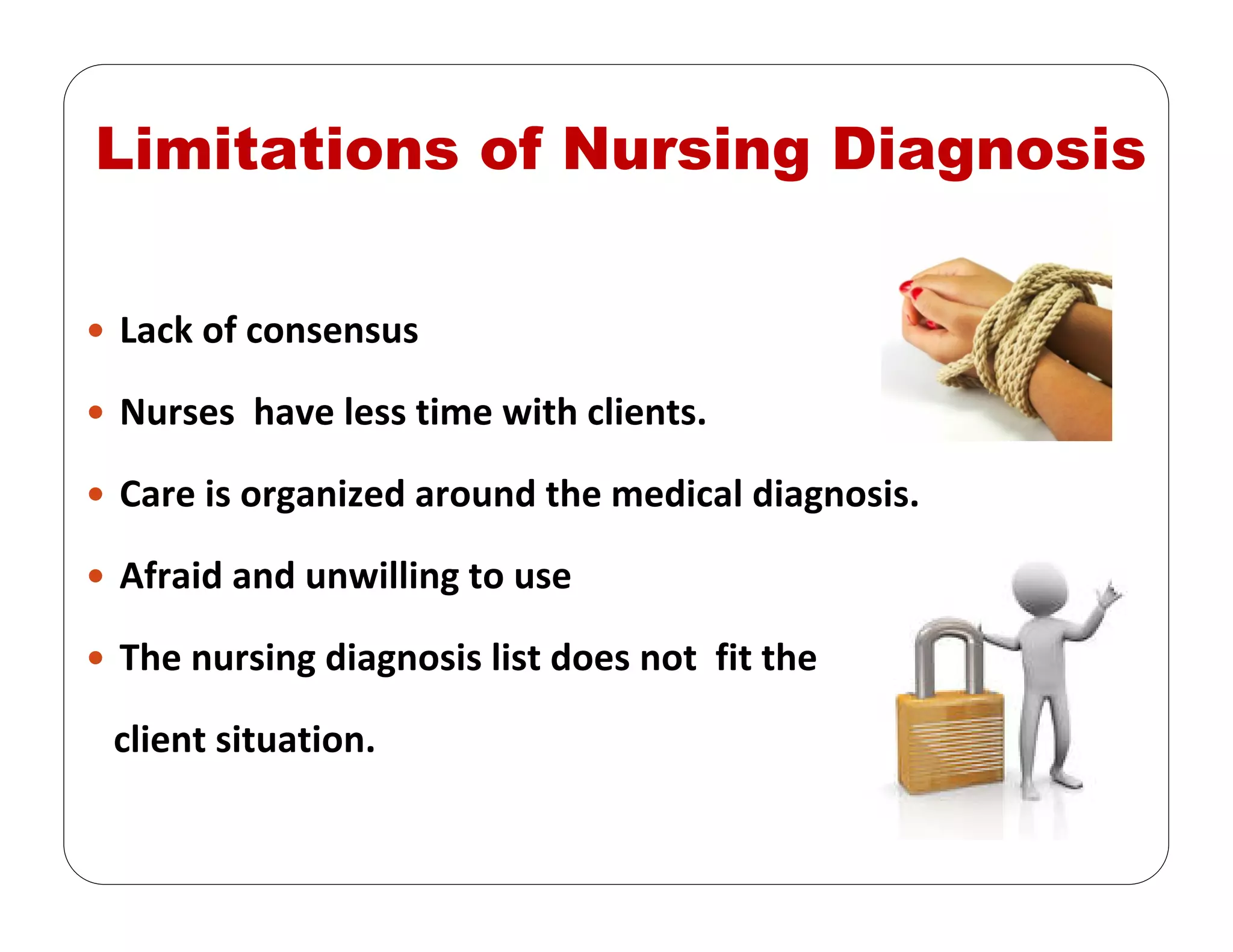 Limitations of Nursing Diagnosis
Lack of consensus 
Nurses  have less time with clients.
Care is organized around the medical diagnosis. 
Afraid and unwilling to use
The nursing diagnosis list does not  fit the 
client situation.
 