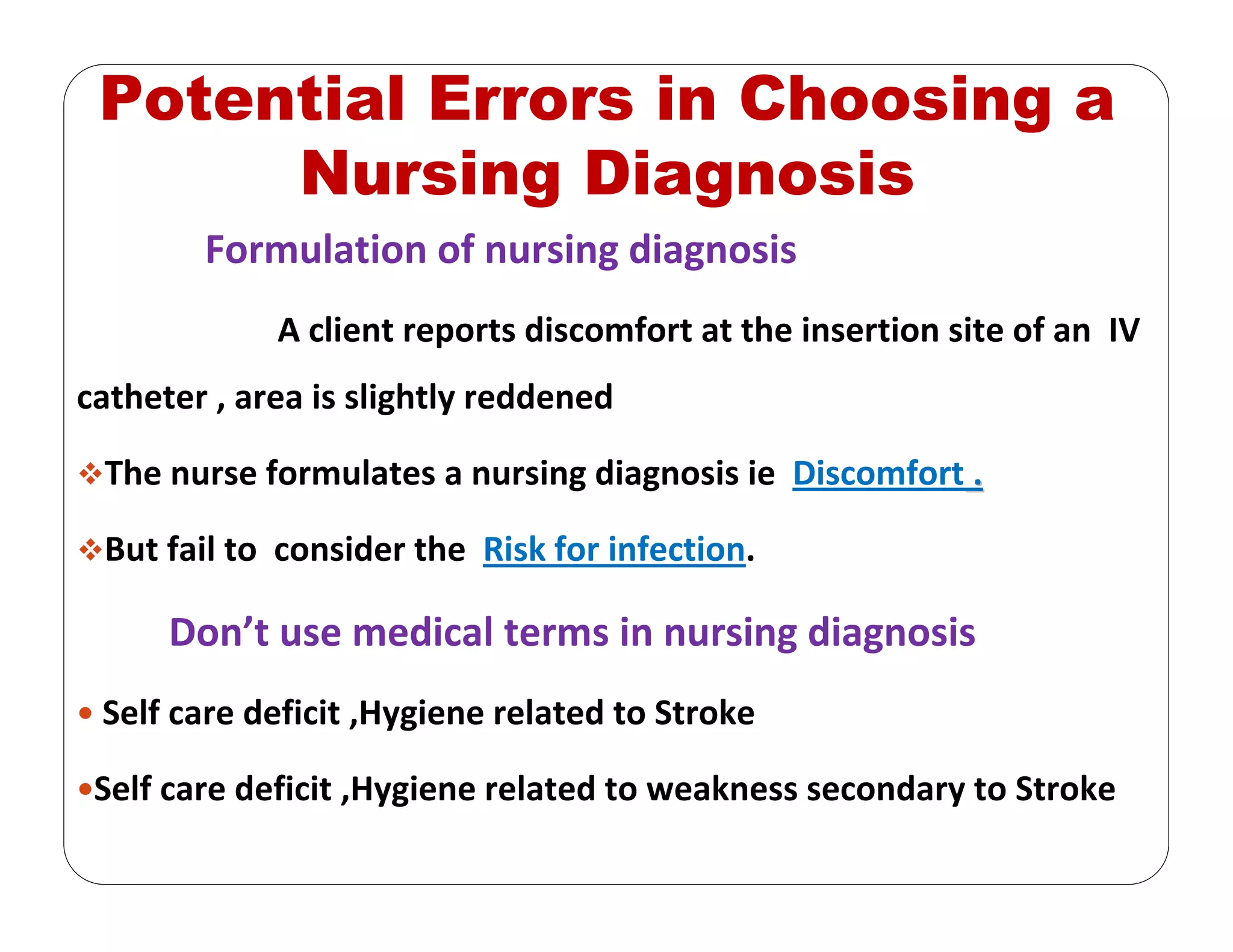Potential Errors in Choosing a
Nursing Diagnosis
Formulation of nursing diagnosis
A client reports discomfort at the insertion site of an  IV 
catheter , area is slightly reddened
The nurse formulates a nursing diagnosis ie  Discomfort ..
But fail to  consider the  Risk for infection. 
Don’t use medical terms in nursing diagnosis
Self care deficit ,Hygiene related to Stroke 
Self care deficit ,Hygiene related to weakness secondary to Stroke
 