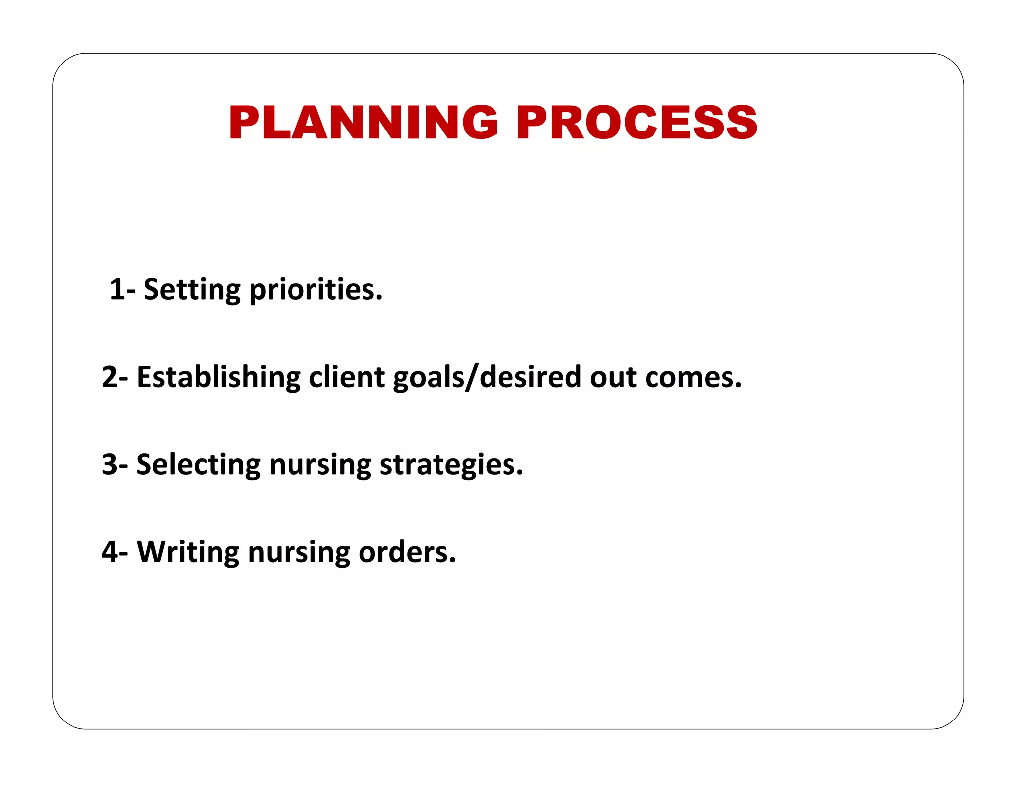 PLANNING PROCESS
1‐ Setting priorities.
2‐ Establishing client goals/desired out comes.
3‐ Selecting nursing strategies.
4‐ Writing nursing orders.
 