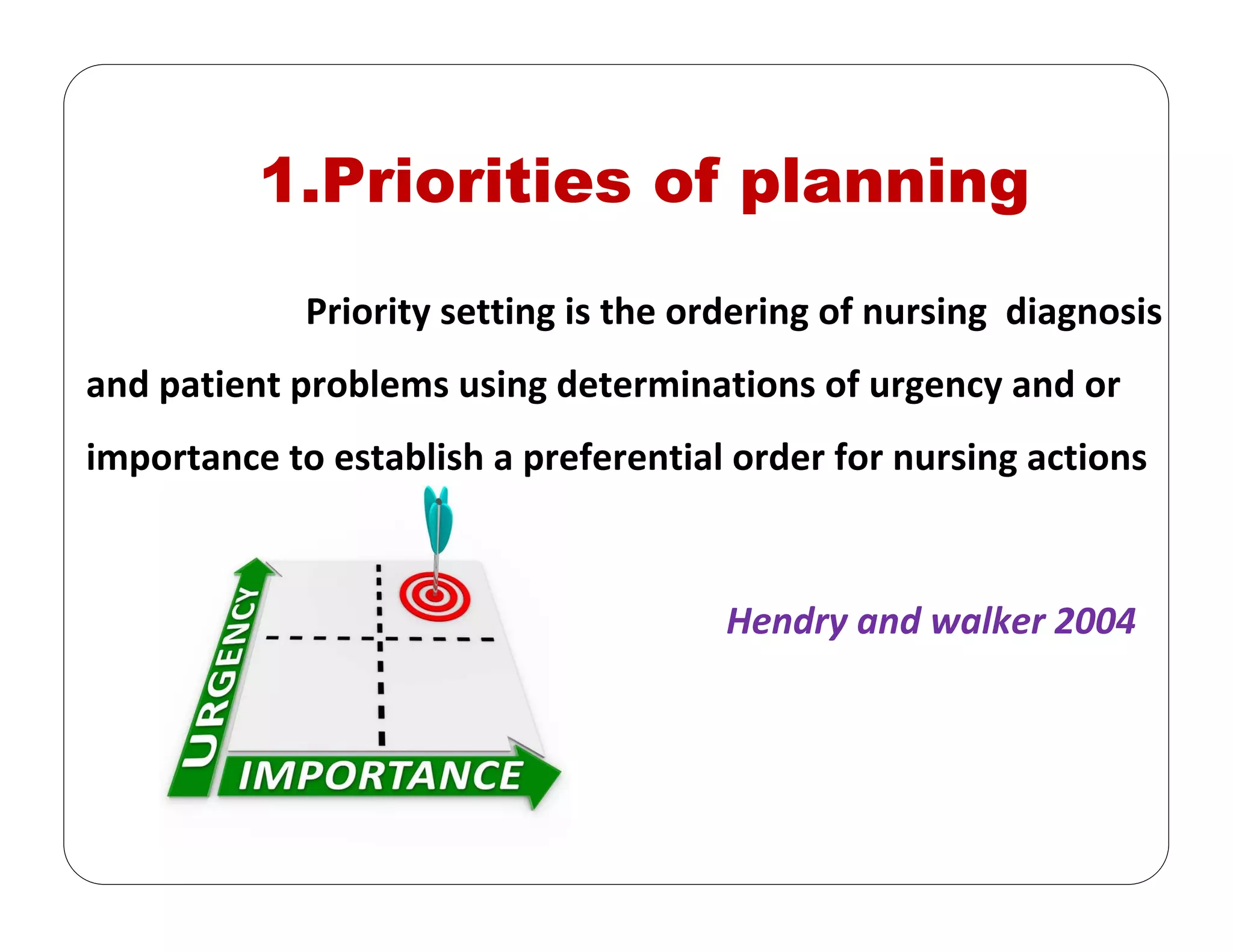 1.Priorities of planning
Priority setting is the ordering of nursing  diagnosis 
and patient problems using determinations of urgency and or 
importance to establish a preferential order for nursing actions
Hendry and walker 2004
 
