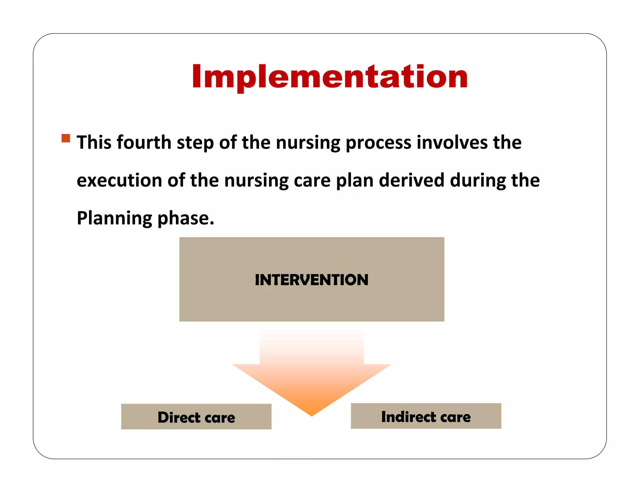 Implementation
This fourth step of the nursing process involves the 
execution of the nursing care plan derived during the 
Planning phase.
Direct care Indirect care
INTERVENTION
 