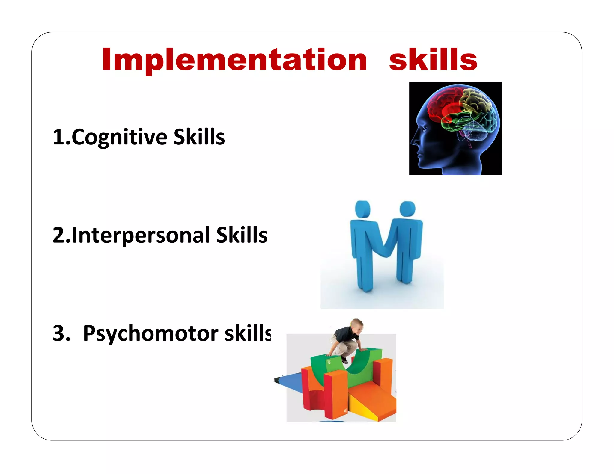 Implementation skills
1.Cognitive Skills 
2.Interpersonal Skills
3.  Psychomotor skills 
 