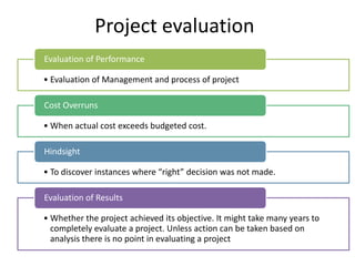 Project evaluation
Evaluation of Performance
• Evaluation of Management and process of project
Cost Overruns
• When actual cost exceeds budgeted cost.
Hindsight
• To discover instances where “right” decision was not made.
Evaluation of Results
• Whether the project achieved its objective. It might take many years to
completely evaluate a project. Unless action can be taken based on
analysis there is no point in evaluating a project

 
