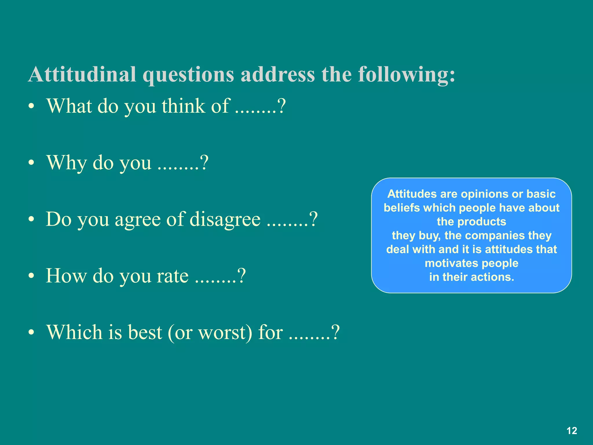 12
• What do you think of ........?
• Why do you ........?
• Do you agree of disagree ........?
• How do you rate ........?
• Which is best (or worst) for ........?
Attitudinal questions address the following:
Attitudes are opinions or basic
beliefs which people have about
the products
they buy, the companies they
deal with and it is attitudes that
motivates people
in their actions.
 