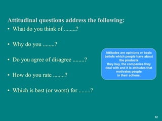 12
• What do you think of ........?
• Why do you ........?
• Do you agree of disagree ........?
• How do you rate ........?
• Which is best (or worst) for ........?
Attitudinal questions address the following:
Attitudes are opinions or basic
beliefs which people have about
the products
they buy, the companies they
deal with and it is attitudes that
motivates people
in their actions.
 