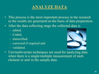 15
ANALYZE DATA
• This process is the most important process in the research
as the results are generated on the basis of data preparation.
• After the data collecting stage the collected data is
– edited,
– Coded,
– transcribed
– corrected if required and
– validated.
• Uni/multivariate techniques are used for analyzing data
when there is a single/multiple measurement of each
element or unit in the sample data.
 