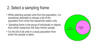 2. Select a sampling frame
• While selecting sample units from the population, it is
sometimes desirable to choose a list of the
population from which the researcher select units.
• Sampling frame is the group of individuals or objects
from which researcher will draw his/her sample.
• It is the list of all units in a study population from
which the sample is taken.
 