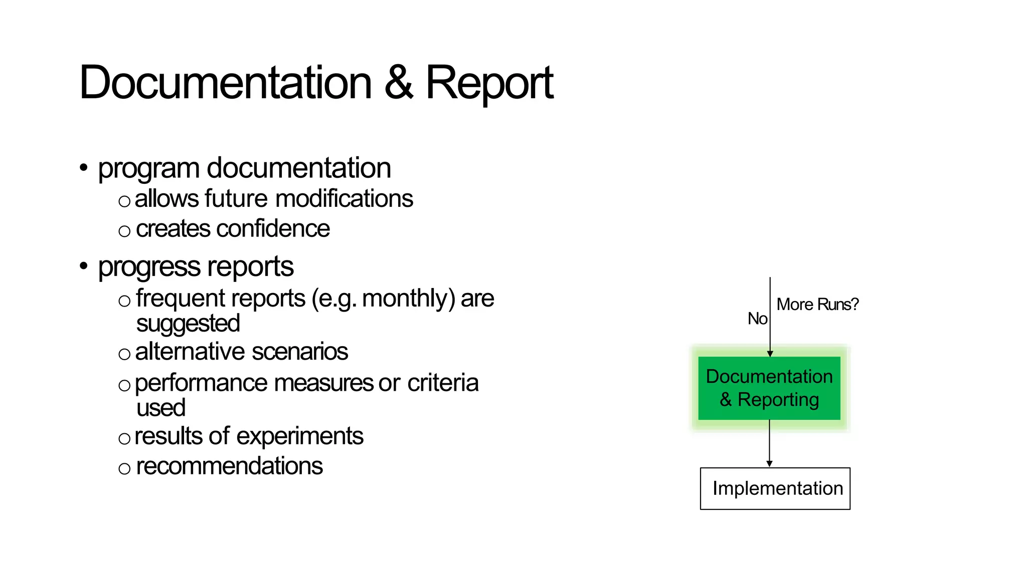 Documentation & Report
• program documentation
oallows future modifications
ocreates confidence
• progress reports
ofrequent reports (e.g. monthly) are
suggested
oalternative scenarios
operformance measuresor criteria
used
oresults of experiments
orecommendations
Documentation
& Reporting
Implementation
No
More Runs?
 