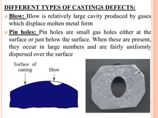 DIFFERENT TYPES OF CASTINGS DEFECTS:
 Blow: Blow is relatively large cavity produced by gases
which displace molten metal form
 Pin holes: Pin holes are small gas holes either at the
surface or just below the surface. When these are present,
they occur in large numbers and are fairly uniformly
dispersed over the surface
 