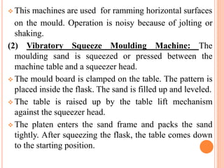  This machines are used for ramming horizontal surfaces
on the mould. Operation is noisy because of jolting or
shaking.
(2) Vibratory Squeeze Moulding Machine: The
moulding sand is squeezed or pressed between the
machine table and a squeezer head.
 The mould board is clamped on the table. The pattern is
placed inside the flask. The sand is filled up and leveled.
 The table is raised up by the table lift mechanism
against the squeezer head.
 The platen enters the sand frame and packs the sand
tightly. After squeezing the flask, the table comes down
to the starting position.
 