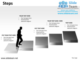 Steps

                                YOUR TEXT HERE
                            •     Your text goes here
                            •     Download this
                                  awesome diagram                                   YOUR TEXT GOES HERE
                                                                                •     Your text goes here       TEXT HERE
                                                                                •     Download this         •     Your text goes here
                                                                                      awesome diagram       •     Download this
                                                            PUT TEXT HERE                                         awesome diagram
                                                        •     Your text goes here
                                                        •     Download this
                                                              awesome diagram
    PUT YOUR TEXT HERE
•     Your text goes here
•     Download this
      awesome diagram




www.slideteam.net                                                                                                         Your Logo
 