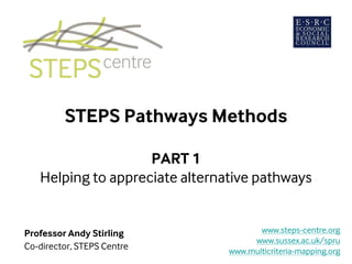 STEPS Pathways Methods
PART 1
Helping to appreciate alternative pathways
Professor Andy Stirling
Co-director, STEPS Centre
www.steps-centre.org
www.sussex.ac.uk/spru
www.multicriteria-mapping.org
 