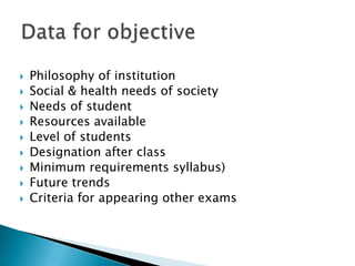  Philosophy of institution
 Social & health needs of society
 Needs of student
 Resources available
 Level of students
 Designation after class
 Minimum requirements syllabus)
 Future trends
 Criteria for appearing other exams
 