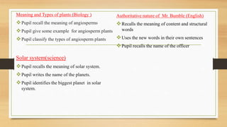 Meaning and Types of plants (Biology )
Pupil recall the meaning of angiosperms
Pupil give some example for angiosperm plants
Pupil classify the types of angiosperm plants
Solar system(science)
Pupil recalls the meaning of solar system.
Pupil writes the name of the planets.
Pupil identifies the biggest planet in solar
system.
Authoritative nature of Mr. Bumble (English)
Recalls the meaning of content and structural
words
Uses the new words in their own sentences
Pupil recalls the name of the officer
 