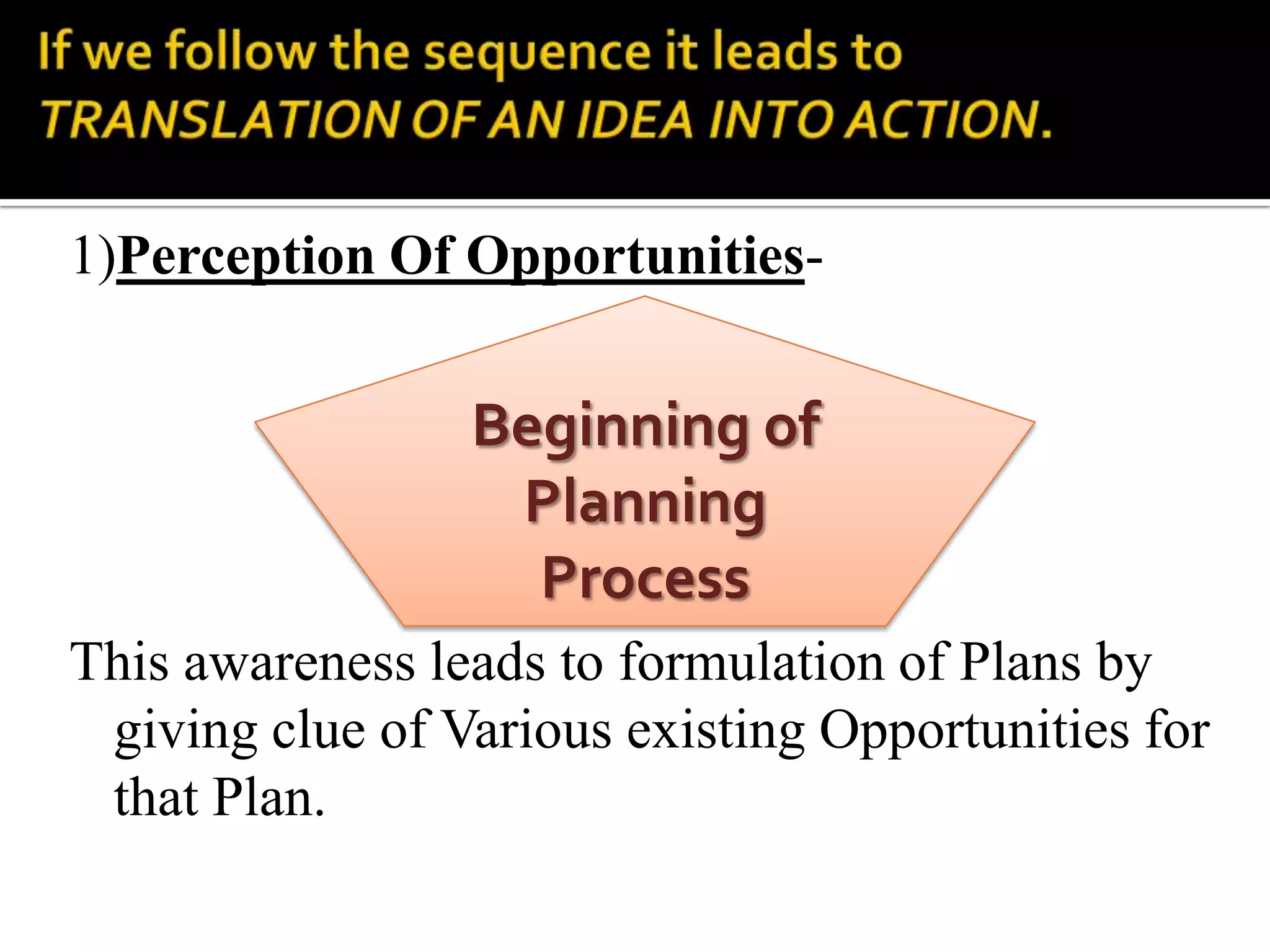 1)Perception Of Opportunities-
This awareness leads to formulation of Plans by
giving clue of Various existing Opportunities for
that Plan.
Beginning of
Planning
Process