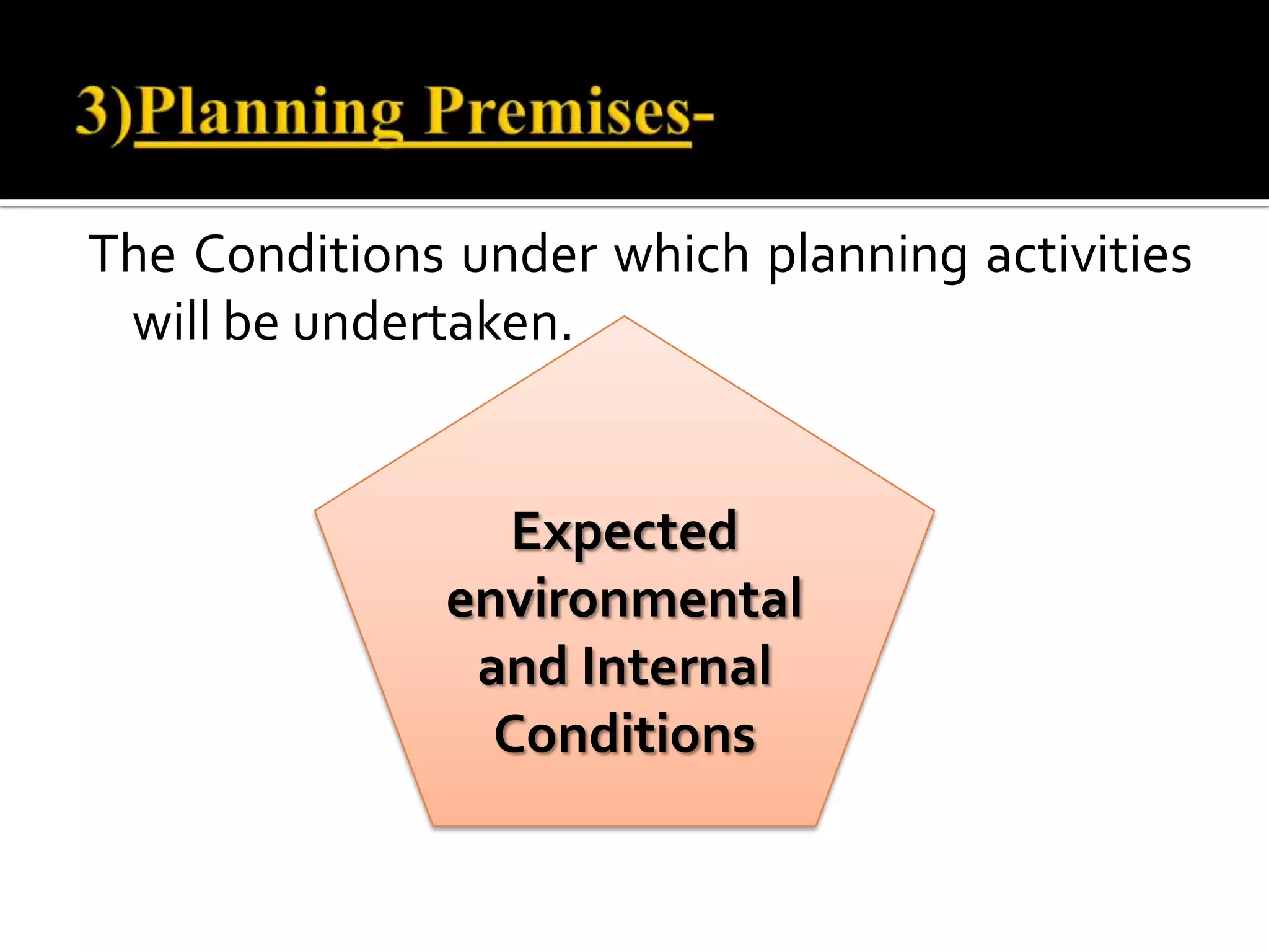 The Conditions under which planning activities
will be undertaken.
Expected
environmental
and Internal
Conditions