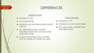 LINSIM TRADING
 STARTED IN 1999
 WORKING ON THE WHOLE WEEK
 SELL MEN SHOES, SLIPPERS AND
CHILDREN SHOES
RESEARCH
REPORT DIFFERENCES
SINSENG SHOES
 STARTED IN 1946
 HAS 2 BRANCHES
 WORKING ON THE WHOLE WEEK EXCEPT
SUNDAY
 SELL BRANDED SHOES, SLIPPERS,
TAILORED SHOES AND CUSTOM MADE
DANCING SHOES
 CLOSE TO SHOPPING MALLS WHERE
LOTS OF TOURIST BY PASSES THE AREA
 