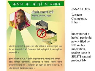 JANAKI Devi,  Western Champaran, Bihar, innovator of a herbal pesticide, patent filed by NIF on her innovation, testing do...