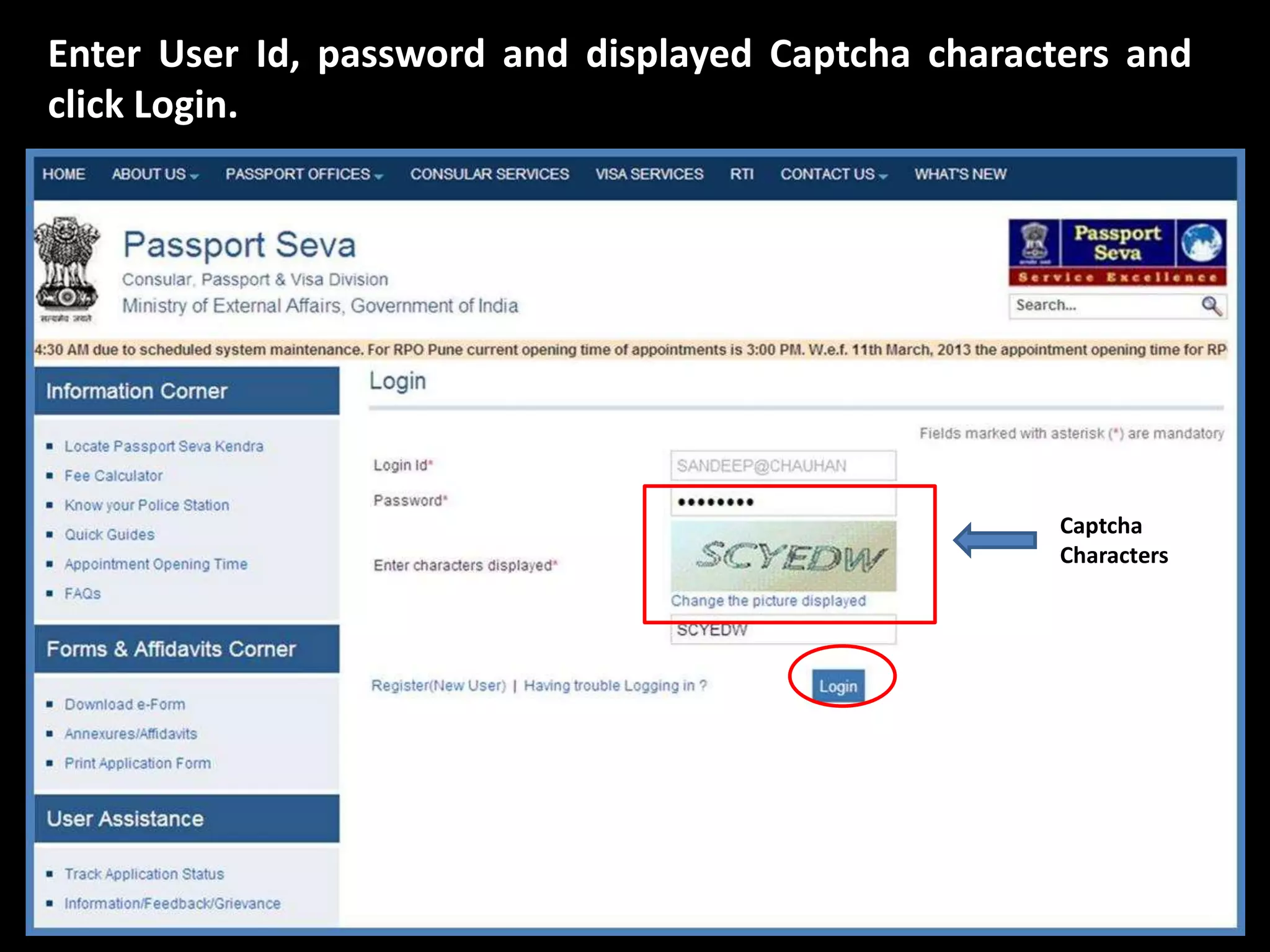 Enter User Id, password and displayed Captcha characters and 
click Login. 
Captcha 
Characters 
 