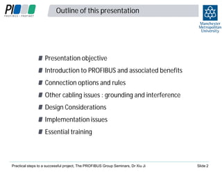 Outline of this presentation

Presentation objective
Introduction to PROFIBUS and associated benefits
Connection options and rules
Other cabling issues : grounding and interference
Design Considerations
Implementation issues
Essential training

Practical steps to a successful project, The PROFIBUS Group Seminars, Dr Xiu Ji

Slide 2

 