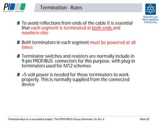 Termination - Rules
To avoid reflections from ends of the cable it is essential
that each segment is terminated at both ends and
nowhere else
Both terminators in each segment must be powered at all
times
Terminator switches and resisters are normally include in
9-pin PROFIBUS connectors for this purpose, with plug-in
terminators used for M12 schemes
+5 volt power is needed for these terminators to work
properly. This is normally supplied from the connected
device

Practical steps to a successful project, The PROFIBUS Group Seminars, Dr Xiu Ji

Slide 20

 