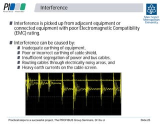 Interference

2
6

Interference is picked up from adjacent equipment or
connected equipment with poor Electromagnetic Compatibility
(EMC) rating.
Interference can be caused by:

Inadequate earthing of equipment,
Poor or incorrect earthing of cable shield,
Insufficient segregation of power and bus cables,
Routing cables through electrically noisy areas, and
Heavy earth currents on the cable screen.

Practical steps to a successful project, The PROFIBUS Group Seminars, Dr Xiu Ji

Slide 26

 